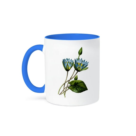 Redoute Vintage Watercolor Floral Blue Lotus Nymphaea Caerulea, 11oz Two-Tone Blue Mug