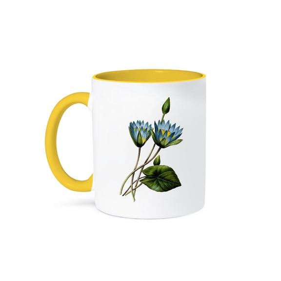 Redoute Vintage Watercolor Floral Blue Lotus Nymphaea Caerulea, 11oz Two-Tone Yellow Mug