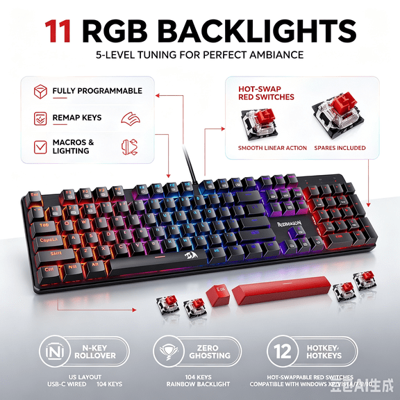 Redragon 104-Key Mechanical Gaming Keyboard, Programmable Backlit Modes, 11 RGB Backlights, with Red ESC, Space Bar Cap, Compatible with Windows XP/Vista/7/8/10, K671