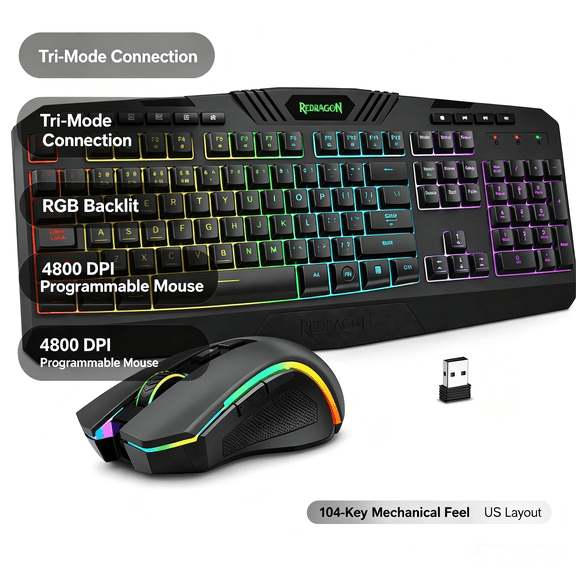 Redragon Wireless Gaming Keyboard and Mouse Combo, Tri-Mode Bluetooth/2.4GHz/USB-C, RGB Backlit, 104-Key Mechanical Feel Keyboard, 4800 DPI Programmable Mouse for Windows PC