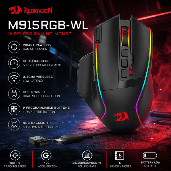 Redragon Wireless Gaming Mouse, 16000 DPI PixArt PAW3335 Sensor, USB-C Wired & 2.4GHz Gaming Mouse, 9 Programmable Buttons with Rapid Fire, RGB Ergonomic Mouse for PC Windows