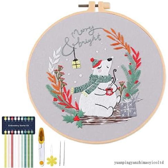 Christmas Embroidery Starter Kits For Adults Beginners With Stamped Pattern, Embroidery Floss Needles Hoop（Bear, 1 Pack）