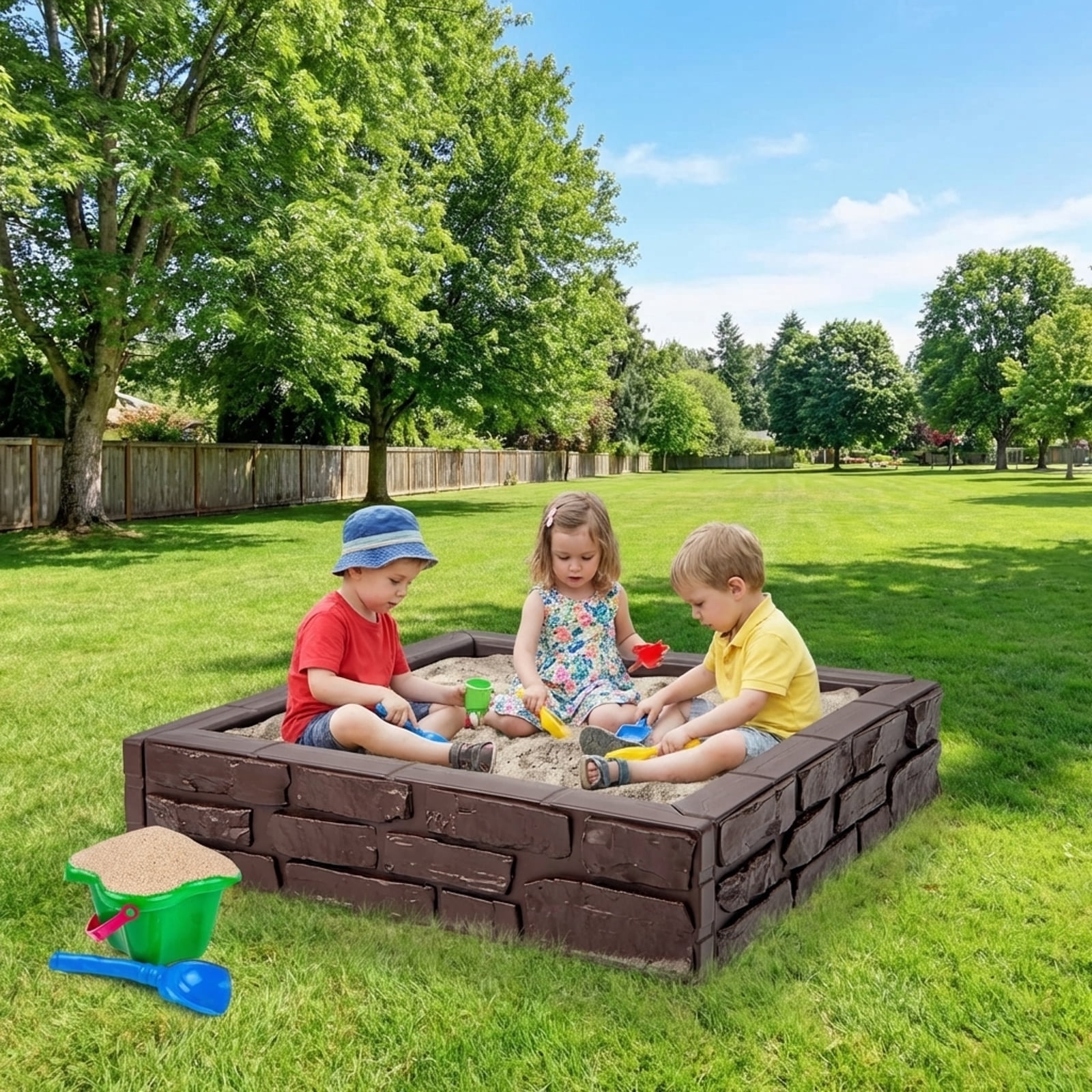Redsmile Kids Sandbox with Cover, 47x47 Inch Square Sand Box,HDPE Large Sand Box with Bottom Liner for Outdoor Backyard, Beach, Park, Gift for Boys Girls,Brown