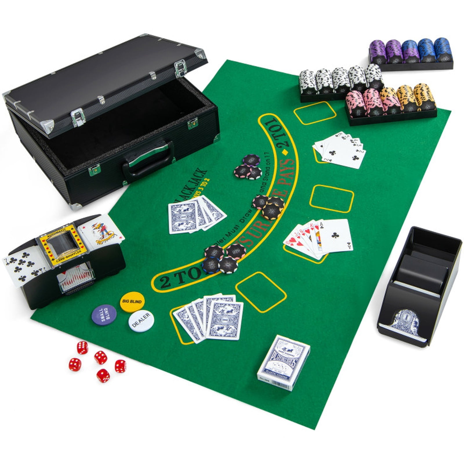 Redsmile 300-Piece 14 Gram Poker Chip Set, Casino Poker Chips with Aluminum Case, Card Shuffler, 2 Decks, Dices and Dealer Buttons for Texas Holdem Blackjack, Home Game Night, Black