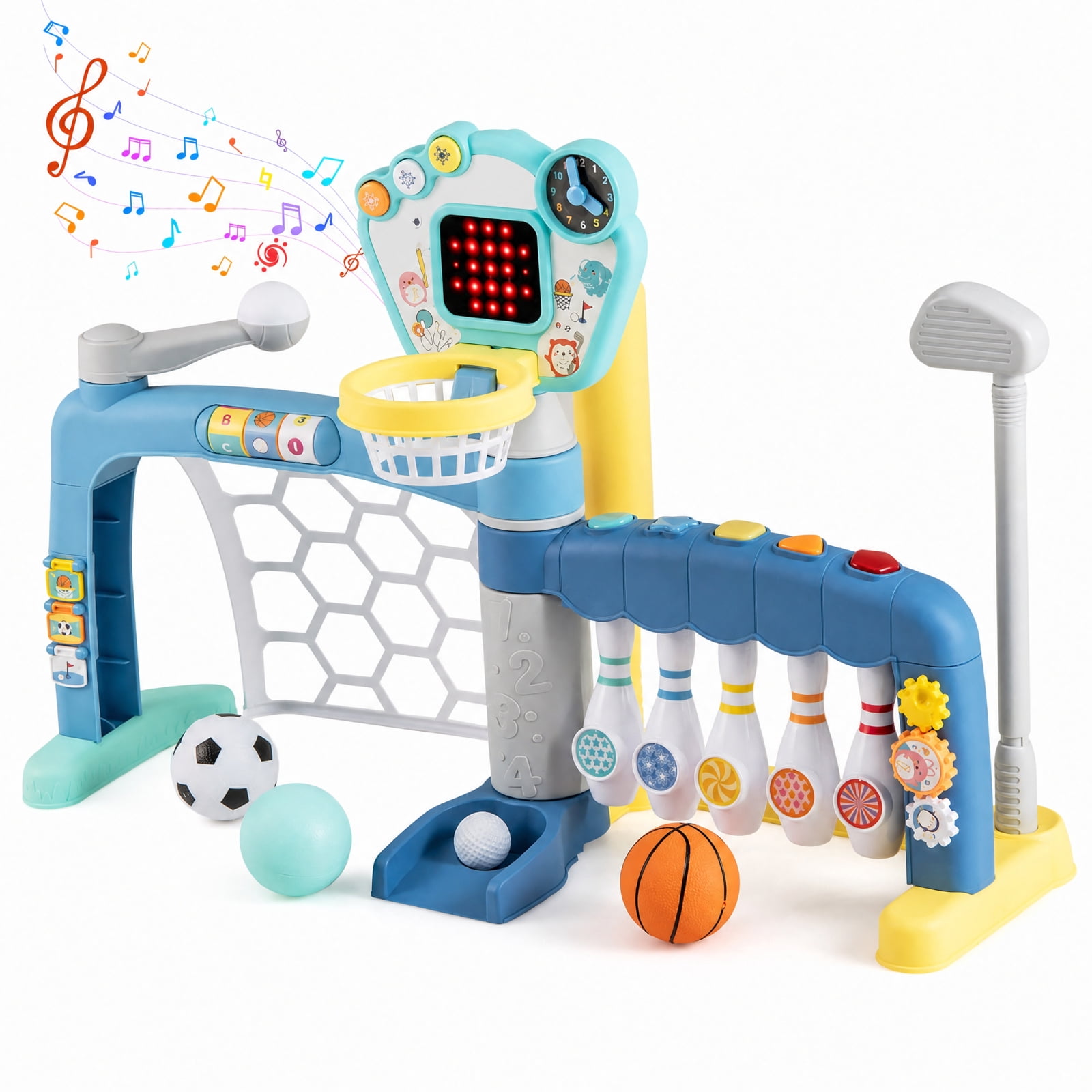Redsmile 5-in-1 Toddler Sports Toy with Adjustable Basketball Hoop, Baby Sports Center with Soccer Golf Baseball Bowling for Baby Boys Girls 18 Months+, Lights Music, Multicolor