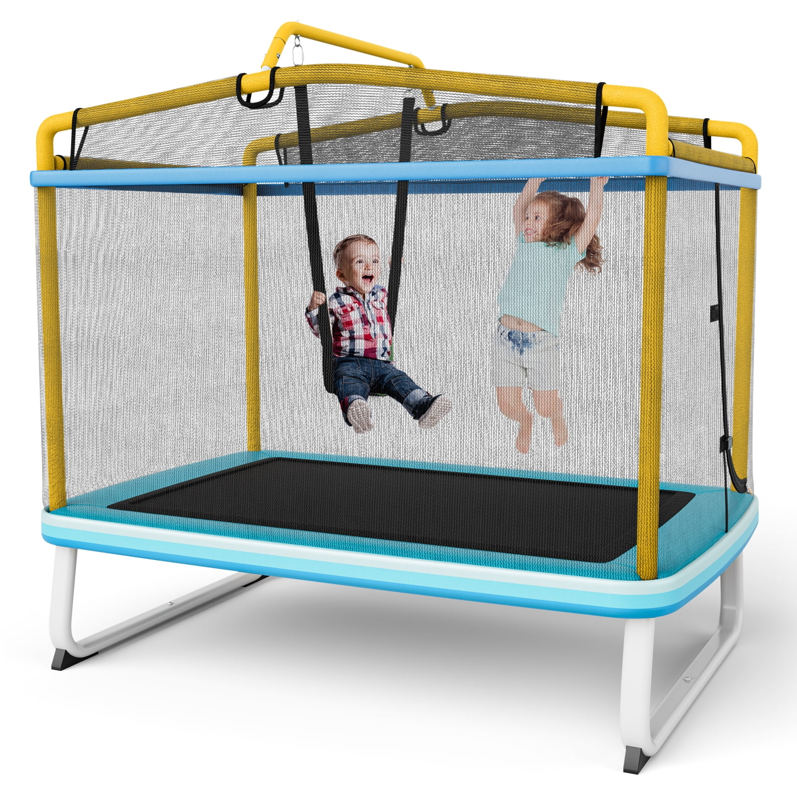 Redsmile 6 Feet Rectangle Trampoline with Swing Horizontal Bar and Safety Net-Yellow - Premium PE Safety Enclosure for Kids Outdoor Play