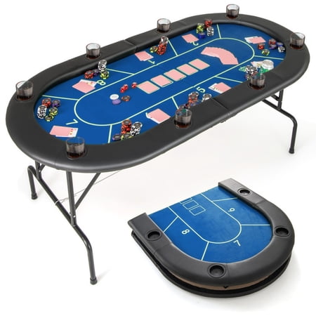 Redsmile 72 Inch Foldable Poker Table with 8 Cup Holders, Portable Casino Card Game Table with Padded Armrests Waterproof PU Leather and Non-Slip Feet for Home Game Room, Blue