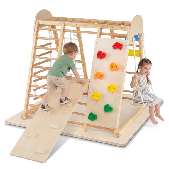 Redsmile 8-in-1 Foldable Kids Jungle Gym Indoor Playset Climbing Frame with Swing & Monkey Bars for Toddlers Ages 3+ - Natural