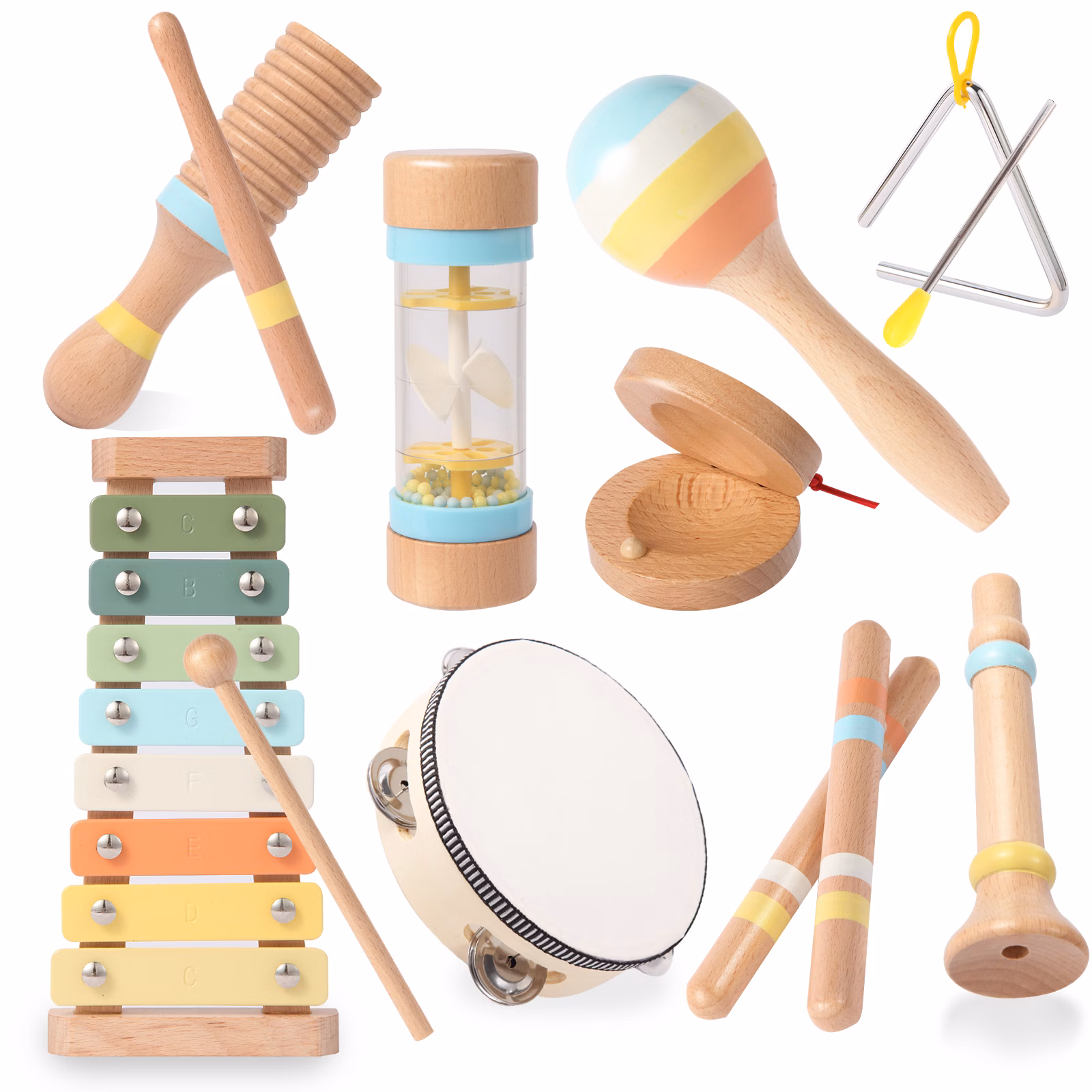 Redsmile 9-Piece Wooden Percussion Instrument Set, Xylophone, Maracas, Drum & Egg Shakers, Montessori Learning Music Toy