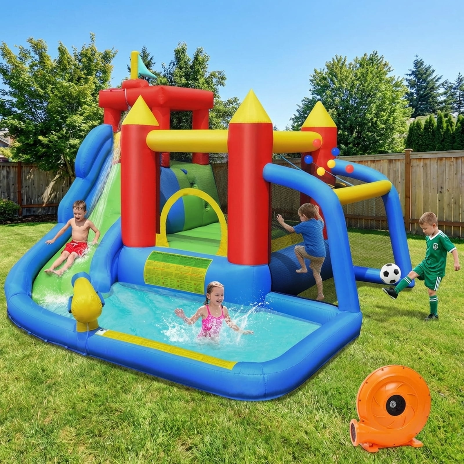 Redsmile Inflatable Bounce House Splash Pool with Water Climb Slide Blower included - Multicolor - Kids Birthday Party