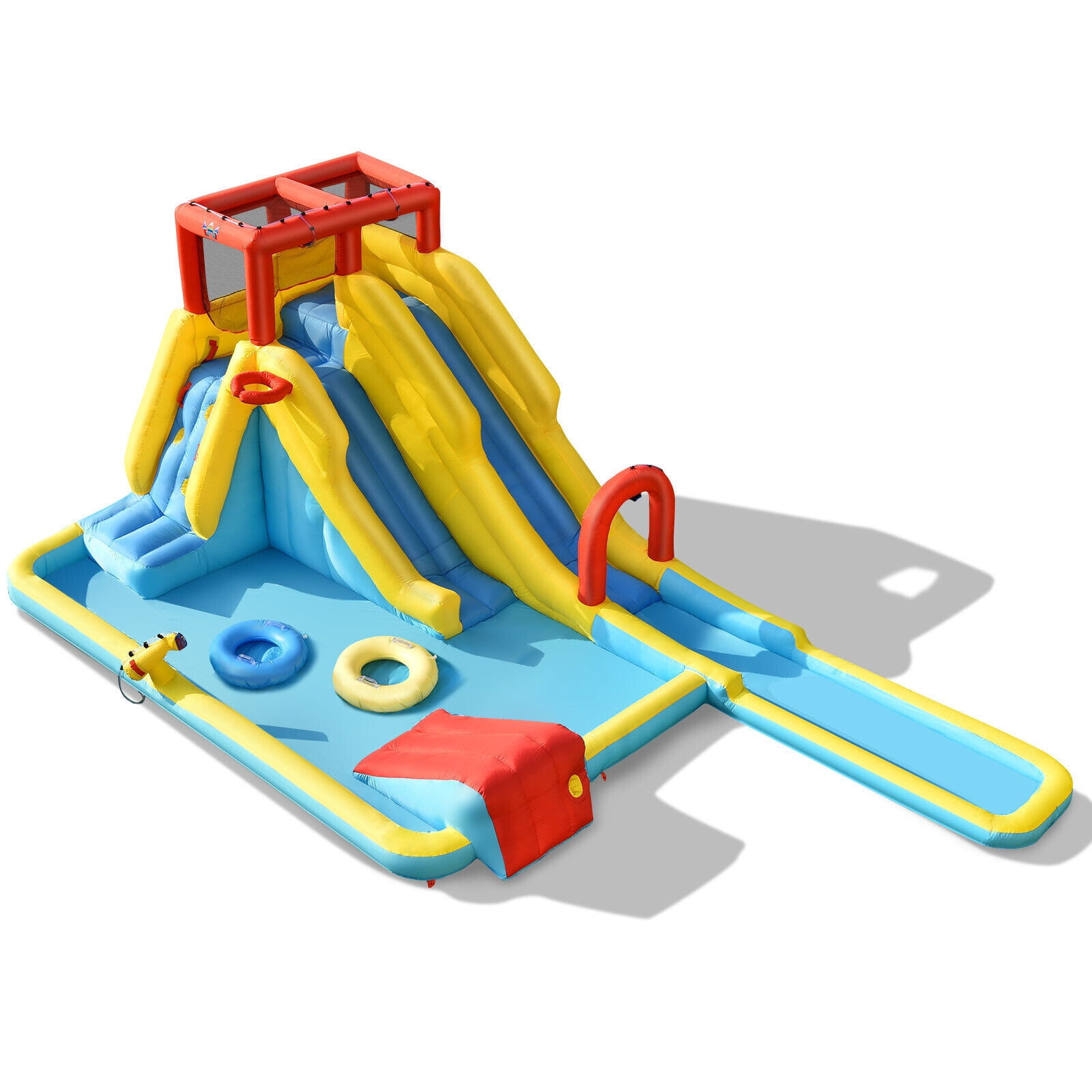 Redsmile Inflatable Dual Slide Water Park Climbing Bouncer with Splash Pool Basketball Hoop for Kids Aged 3-10 Outdoor Backyard Play - Multicolor
