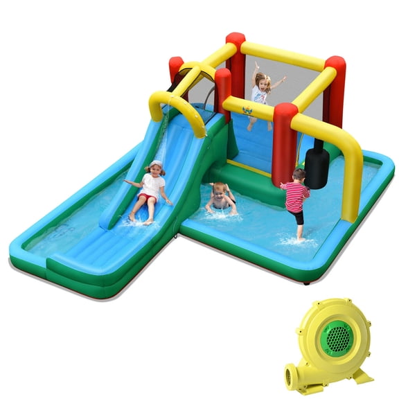 Redsmile Inflatable Water Slide Climbing Bounce House with Tunnel and Pendulum for Kids Aged 3-10 Outdoor Backyard Fun - Blue Yellow Red
