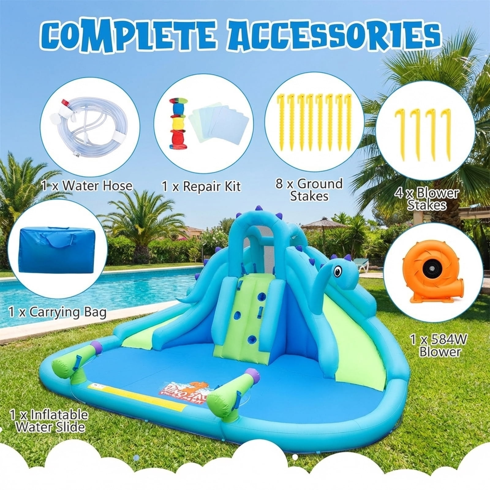 Redsmile Inflatable Water Slide with Dual Slides and Large Splash Pool and Carry Bag (with 584W Blower) - Multicolor