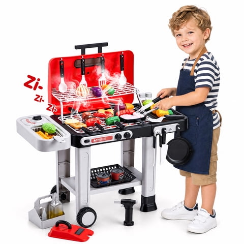 Redsmile Kids BBQ Grill Toy with Spray Light and Sound, Color-Changing Play Food Set, Pretend Play Kitchen Toy for Boys Girls