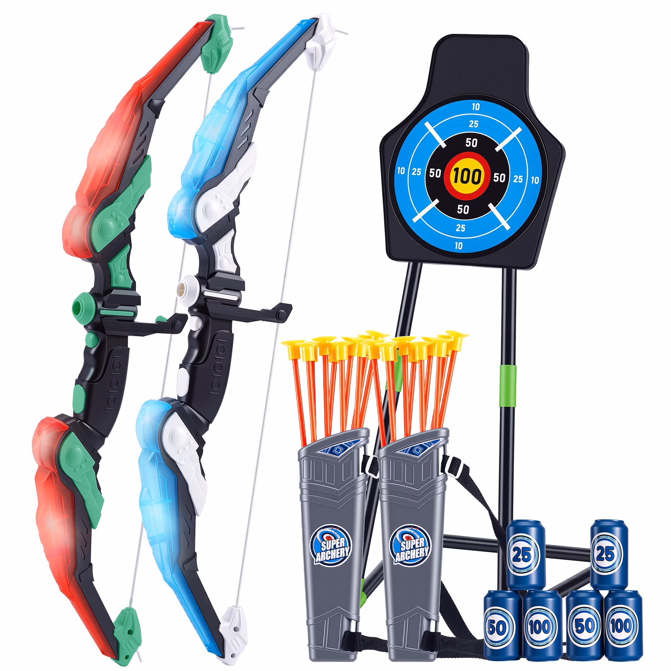 Redsmile Light-Up Bow and Arrow Set, 2 Bows, 20 Suction Arrows, Standing Target & Quivers, Indoor Outdoor Archery Play Set