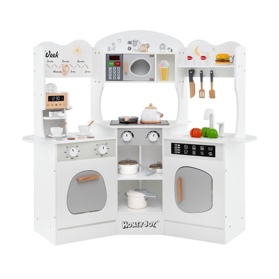 Redsmile Play Kitchen,Wooden Kids Corner Kitchen Playset with Coffee Maker and Slide,Pretend Play Toy with Realistic Lights and Sounds,Gift for Boys Girls Age 3-10,White