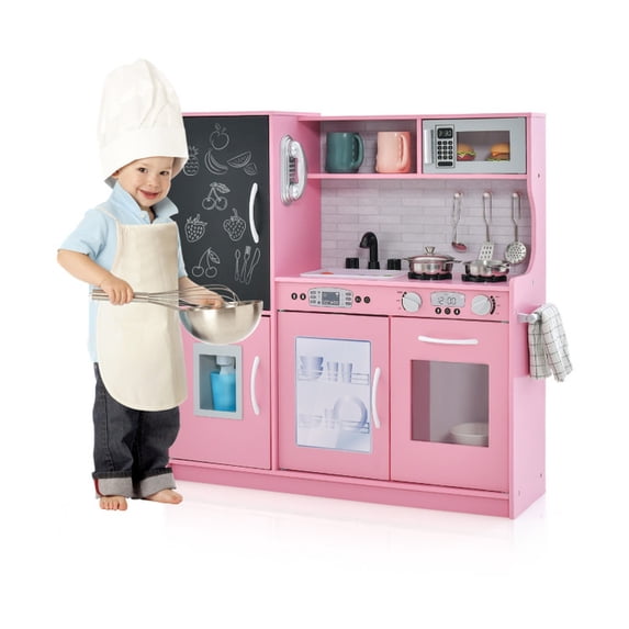 Redsmile Play Kitchen,Wooden Kids Kitchen Playset with Integrated Blackboard,Microwave and Oven,Pretend Play Toy Kitchen Gift for Girls Boys Ages 3-10,Pink
