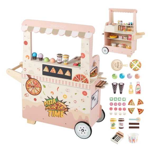 Redsmile Play Kitchen,Wooden Kids Pizza Food Truck Kitchen Playset,Pretend Play Snack Cart with Oven,Realistic Lights and Sounds,Gift for Girls Boys Ages 3-10,Pink
