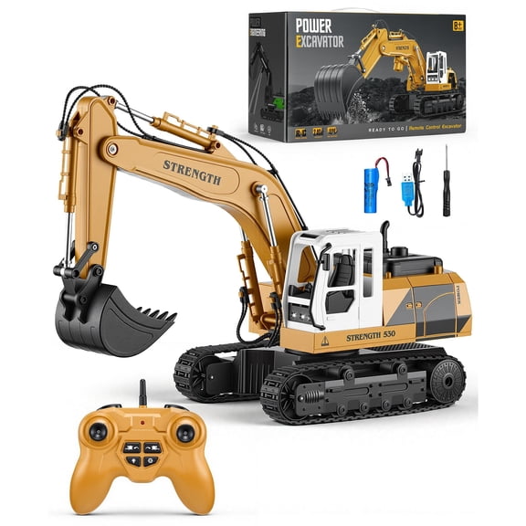 Redsmile Remote Control Excavator Toy for Kids, 12-Channel RC Construction Vehicle with Lights, Sounds and Alloy Digging Bucket, 690 Degree Rotation Digger Toy Gift for Boys Ages 8+, Yellow