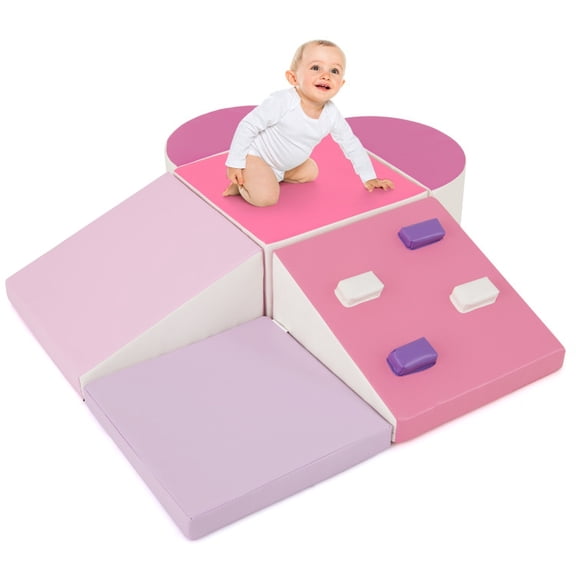Redsmile Soft Play Climbing Set for Toddlers, 6-Piece Foam Climb and Crawl Set with Climbing Triangle and Ramp, Indoor Play Gym, Pink