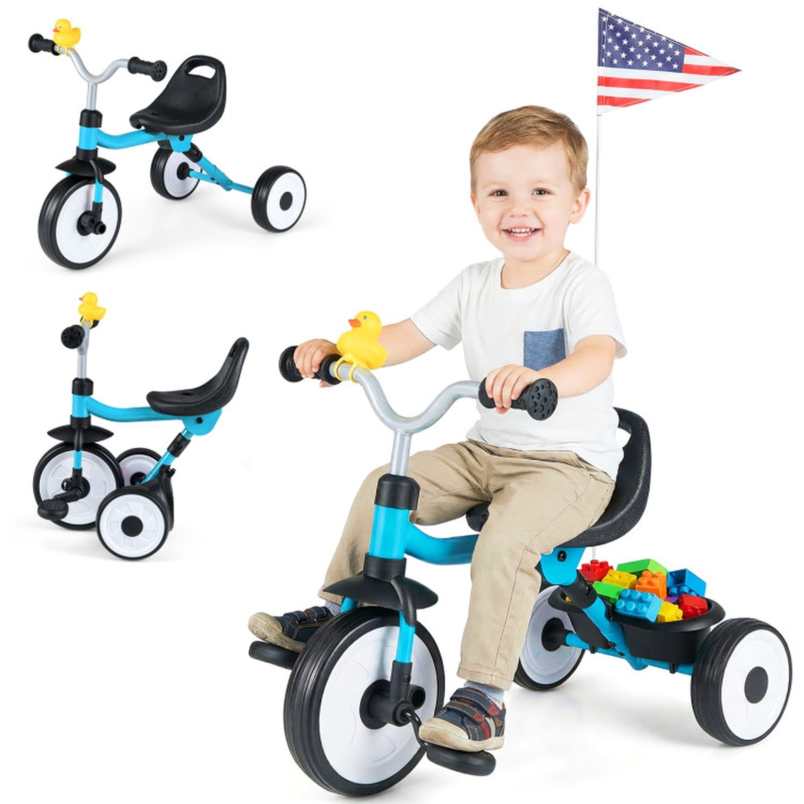 Redsmile Toddler Tricycle for 1-3 Years, Kids Trike with Light-Up Wheels, 3-Position Seat & Storage Basket, Foldable Push Walker Toy, Removable Pedals for Boys Girls, Christmas Gift, Blue