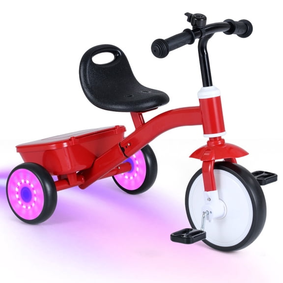 Redsmile Toddler Tricycle for Ages 3-5, Kids Trike with Glowing Wheels and 4-Level Adjustable Seat, Under-Seat Storage Bin, Holds 55 lbs, for Boys and Girls 30.5"-47" Tall, Red