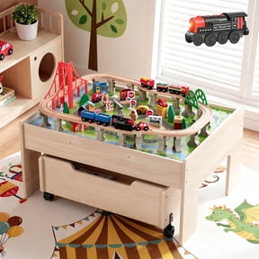 Redsmile Train Table with Electric Train,101 Pieces Wooden Train Set,3-in-1 Multicolor Kids Activity Table with Rolling Storage Drawer for Gaming, Drawing, Reading,Creative Toy Gift for Boys Girls