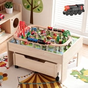 Redsmile Train Table with Electric Train,101 Pieces Wooden Train Set,3-in-1 Multicolor Kids Activity Table with Rolling Storage Drawer for Gaming, Drawing, Reading,Creative Toy Gift for Boys Girls