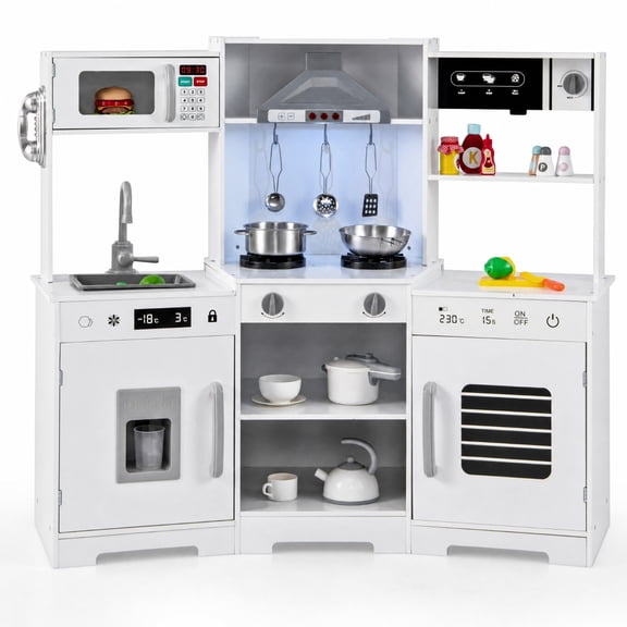 Redsmile Wooden Play Kitchen for Kids with Range Hood, Lights and Sounds, Refrigerator, Ice Maker and Coffee Maker, 44-Inch Pretend Kitchen for Playroom, White