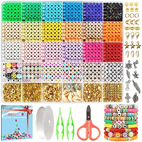 Redtwo 7200 Pcs Clay Beads Bracelet Making Kit, Preppy Friendship Flat Polymer Heishi Beads Jewelry Making Kits with Charms and Elastic Strings,Craft