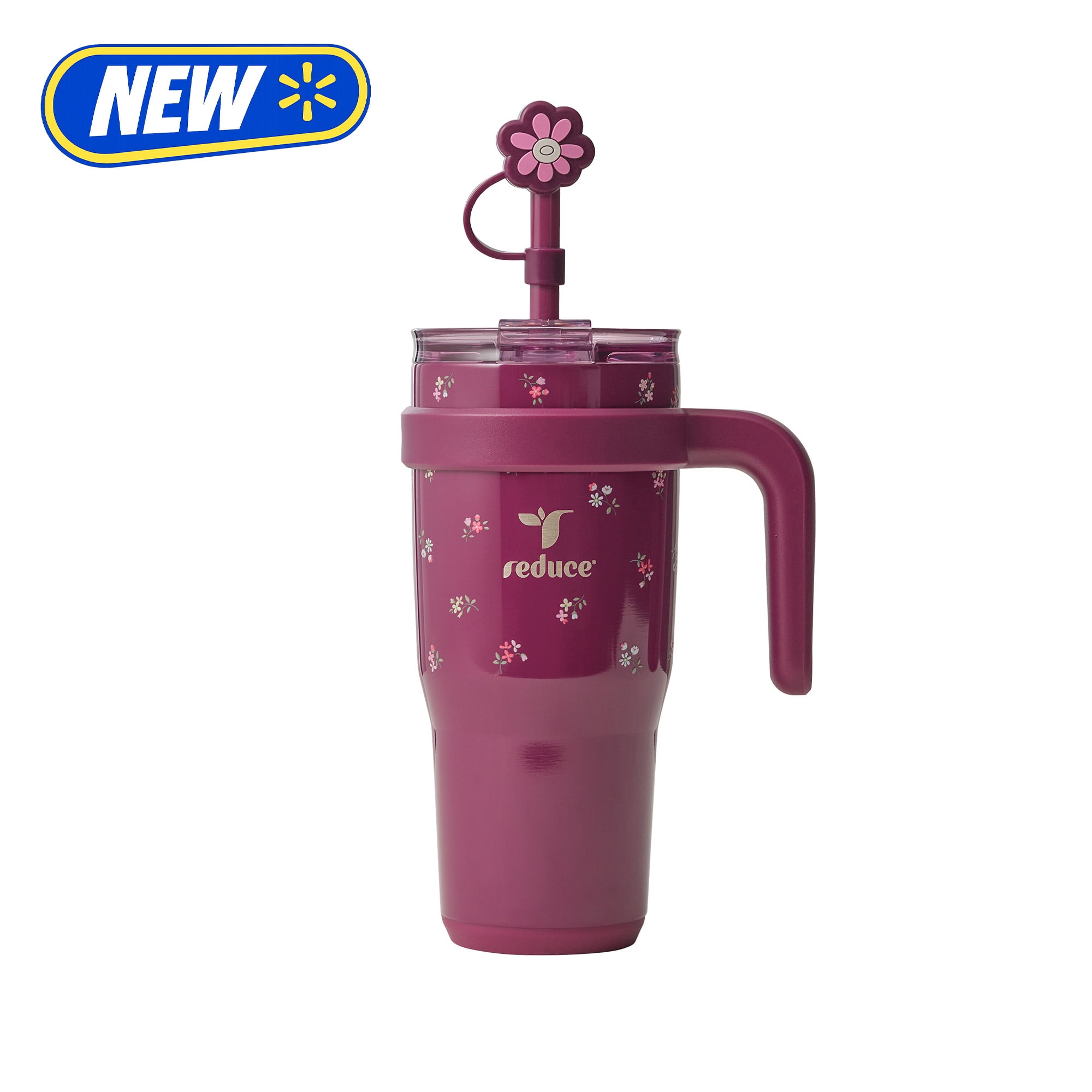 Reduce 24oz Cold1 Travel Mug with Straw and Straw Topper, Lid & Travel Handle, Insulated Stainless Steel, Cherry Pink Blooms