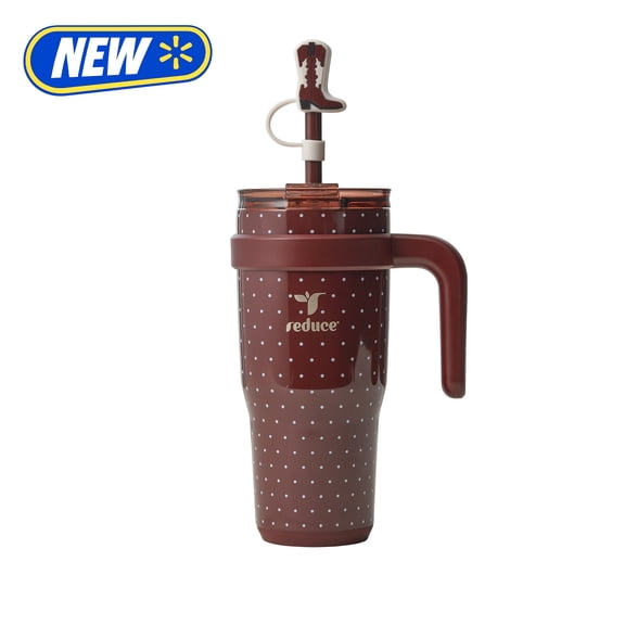 Reduce 24oz Cold1 Travel Mug with Straw and Straw Topper, Lid & Travel Handle, Insulated Stainless Steel, Suede Brown Dots