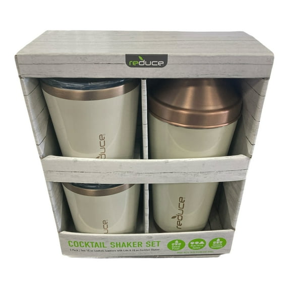 Reduce 3 Pc Cocktail Shaker w 10-oz. Lowball Tumblers Set Lids Shaker (Cream)