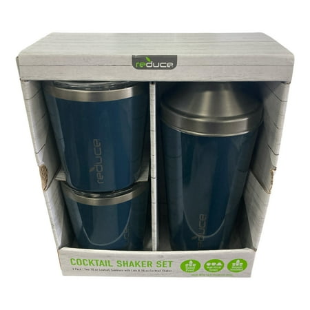 Reduce 3 Pc Cocktail Shaker w 10-oz. Lowball Tumblers Set Lids Shaker (Slate)