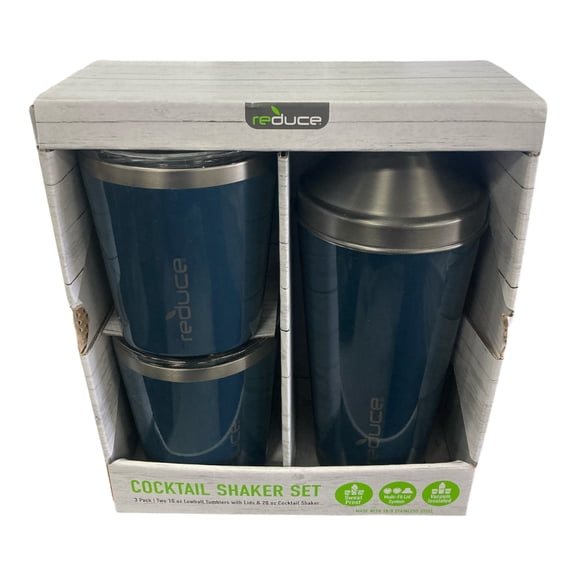 Reduce 3 Pc Cocktail Shaker w 10-oz. Lowball Tumblers Set Lids Shaker (Slate)