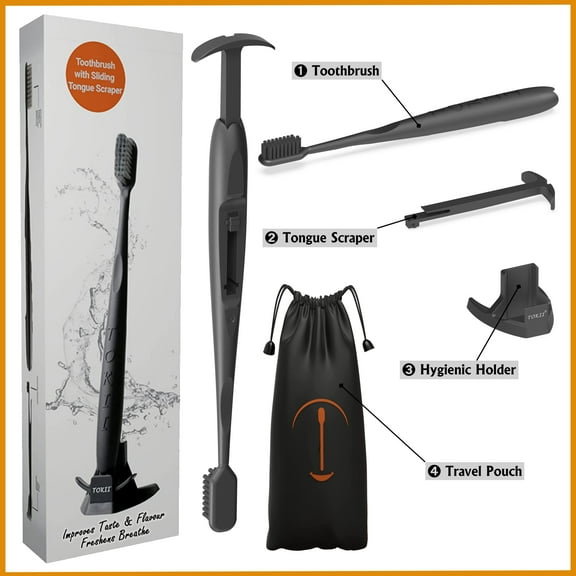 Reduce Bad Breath with 2 in 1 Tongue Scraper Cleaner/Soft Bamboo Charcoal Bristles Toothbrush by Tokii