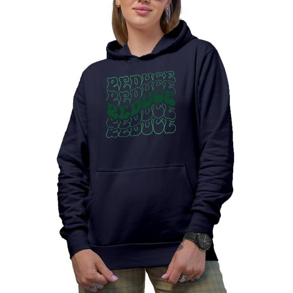 Reduce, Caring for the Environment Themed, Groovy Retro Wavy Text Merch Gift, Navy Blue Hooded Sweatshirt or Hoodie, 2XL