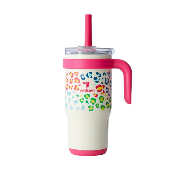 Reduce Coldee Kids 18 oz Tumbler with Spill-Proof Straw & Handle. Insulated Stainless Steel, Cheetah