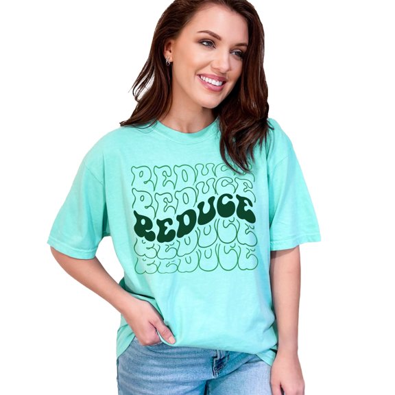Reduce, Environmentalist or Nature Lover Themed, Groovy Retro Wavy Text, Chalky Mint Comfort Colors T-Shirt, Medium