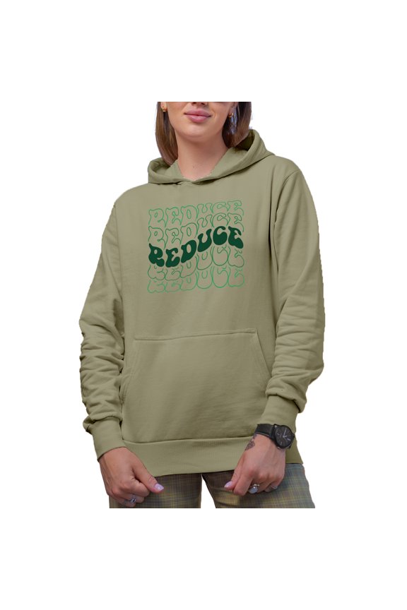 Reduce, Environmentalist or Nature Lover Themed, Groovy Retro Wavy Text Merch Gift, Sand Hooded Sweatshirt or Hoodie, Large