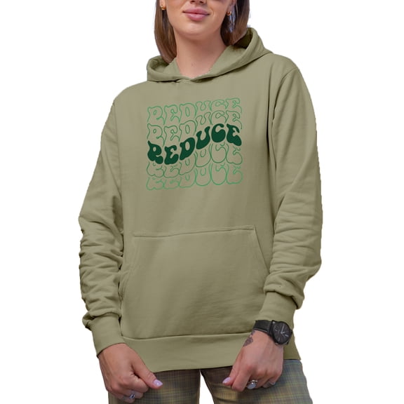 Reduce, Environmentalist or Nature Lover Themed, Groovy Retro Wavy Text Merch Gift, Sand Hooded Sweatshirt or Hoodie, Medium