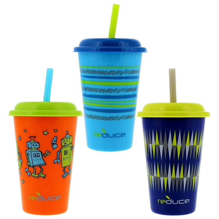 Reduce Gogo's 12 oz Cup Set, 5 Pack – Plastic Cups with Straws and Lids – Dishwasher Safe, BPA Free – 5 Fun Designs, Strawberry Banana
