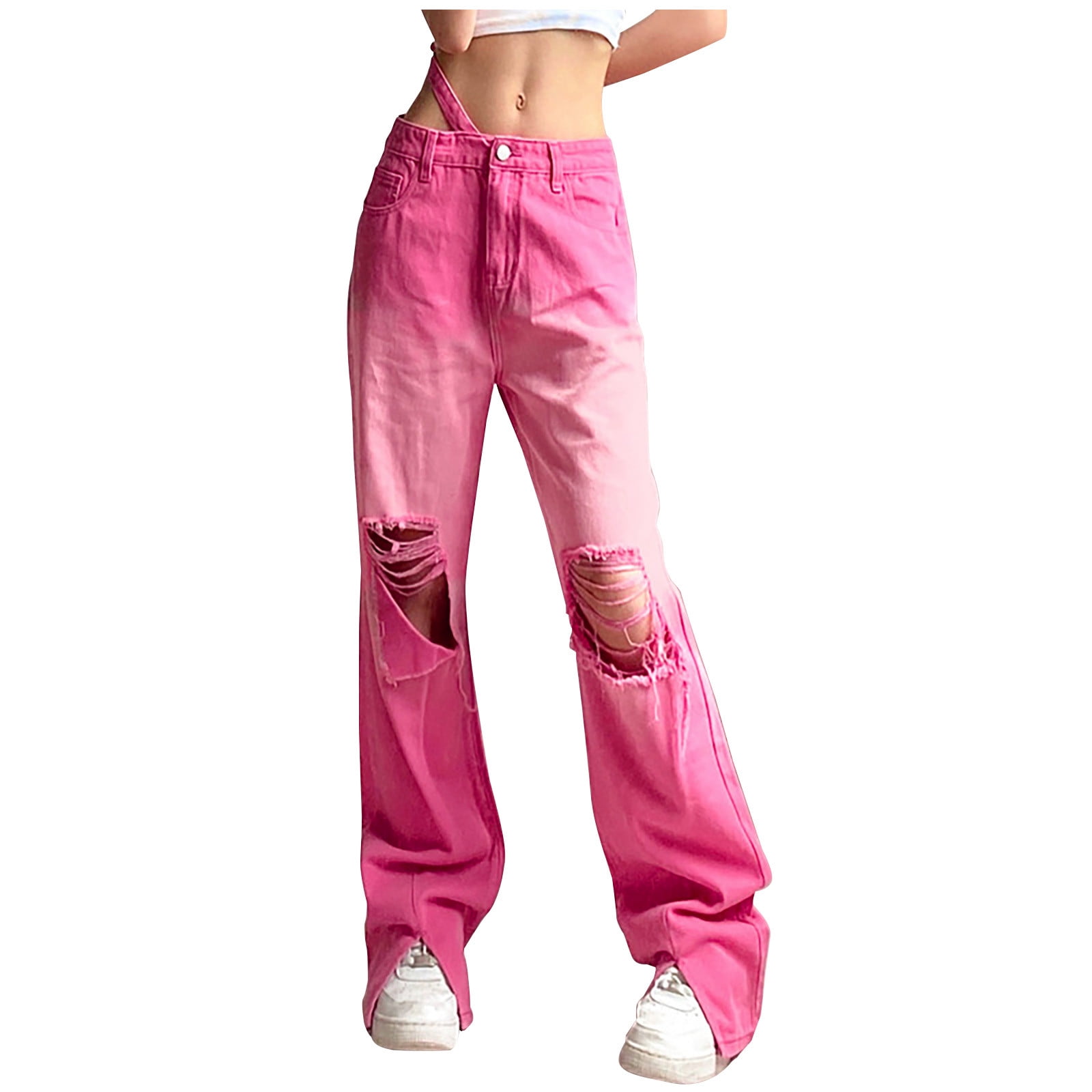 Reduce Price Hfyihgf Baggy Jeans for Women Y2K Streetwear Ripped Stretch  High Waisted Straight Wide Leg Denim Pants Casual Boyfriend Jeans(Pink,L) 