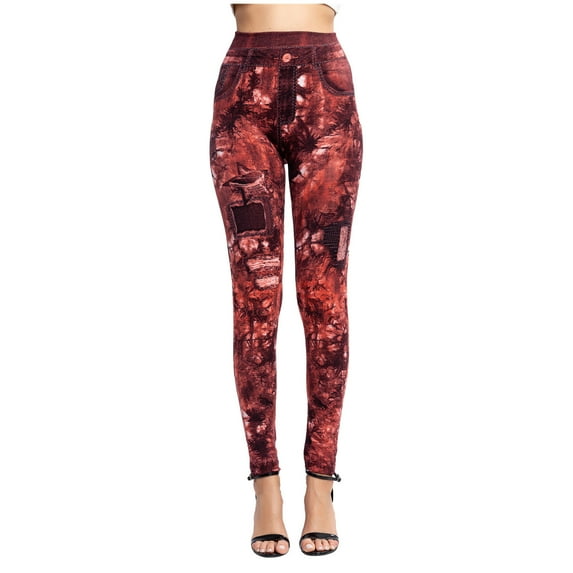 Reduce Price Hfyihgf Jeggings for Women Looking Denim Print Seamless Elastic High Waisted Yoga Leggings Skinny Stretch Distressed Pants(Red,XL)