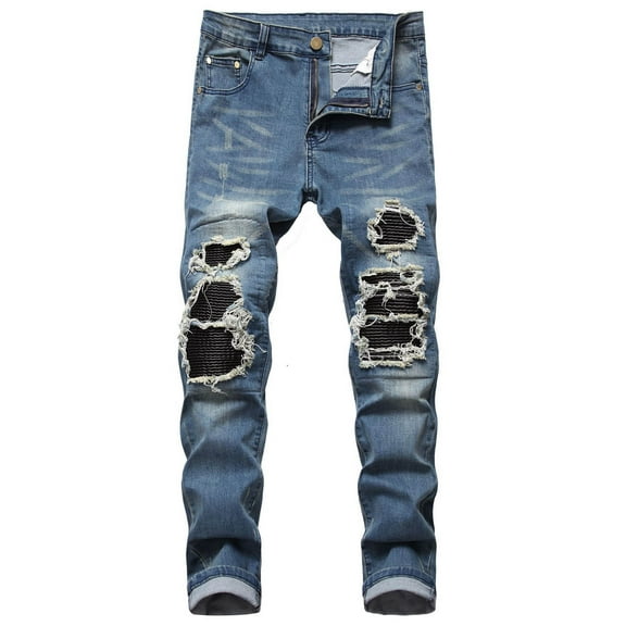 Reduce Price Hfyihgf Mens Ripped Hole Jeans Distressed Destroyed Slim Fit Straight Leg Stretchy Washed Denim Pants(Blue,L)