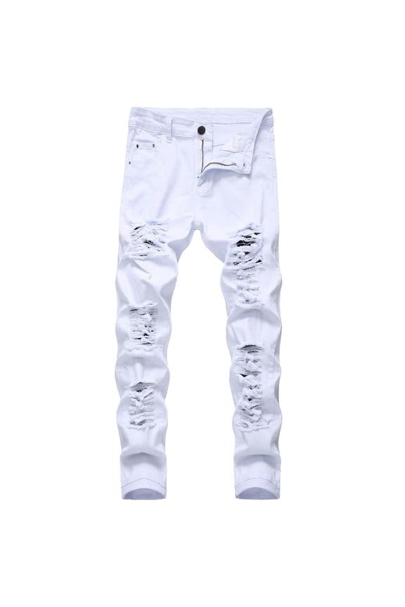 Reduce Price Hfyihgf Mens Ripped Hole Jeans Distressed Destroyed Slim Fit Straight Leg Stretchy Washed Denim Pants(White,M)