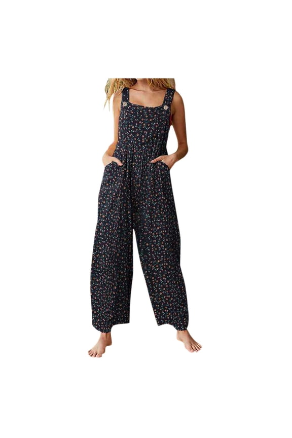Reduce Price Hfyihgf Women Summer Casual Jumpsuit Boho Sleeveless Wide Leg Bib Overalls Romper Pants with Pockets Floral Print Trousers(Black,XL)