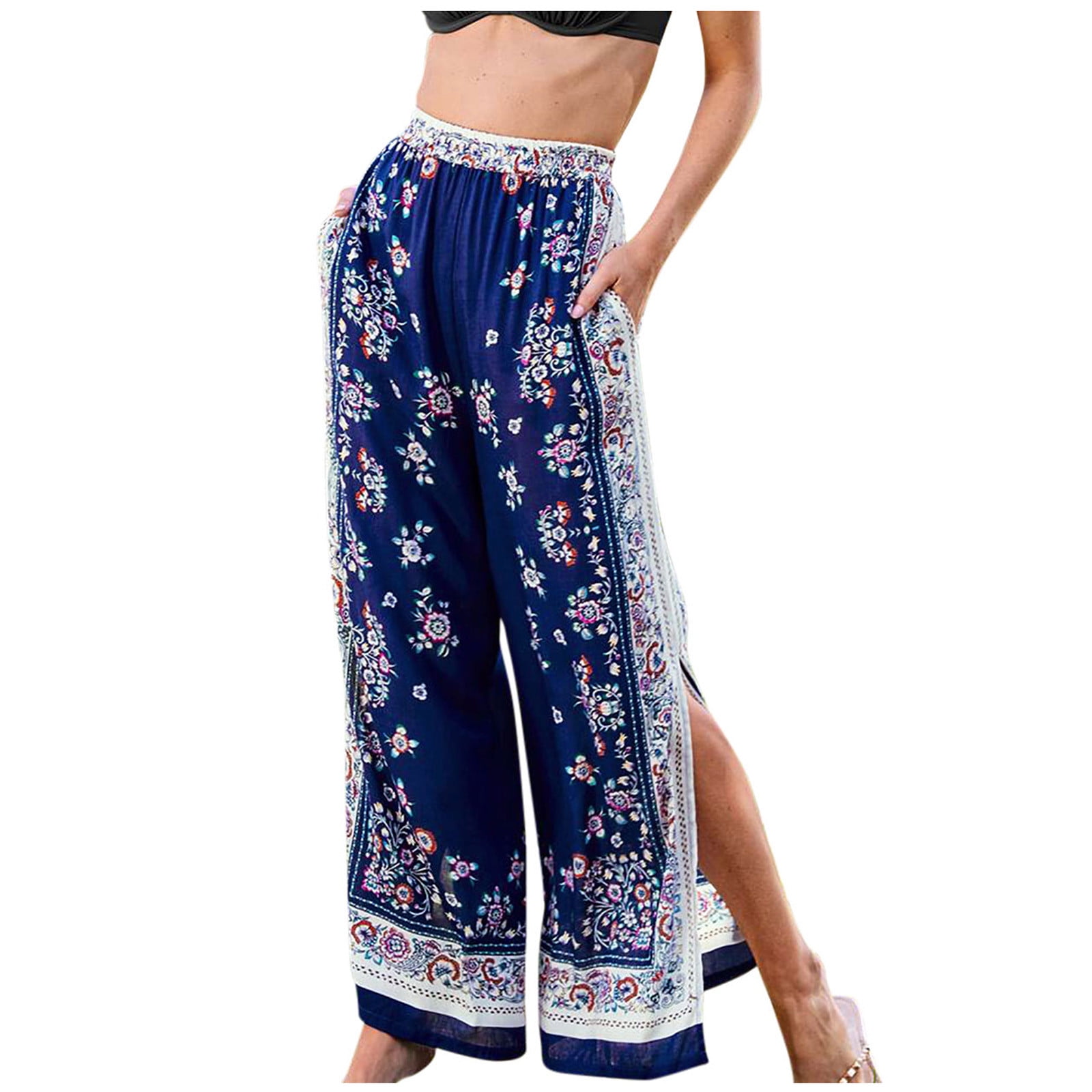 Reduce Price Hfyihgf Women\'s Boho Pants Wide Leg Floral Print Harem Yoga  Trousers Flowy Bohemian Side Split Palazzo Hippie Beach Pant(Navy,L)