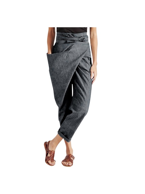 Reduce Price Hfyihgf Women's Casual Linen Pants Trendy Wrap Paper Bag Elastic Hight Waist Tapered Pants Trousers with Pockets(Gray,S)