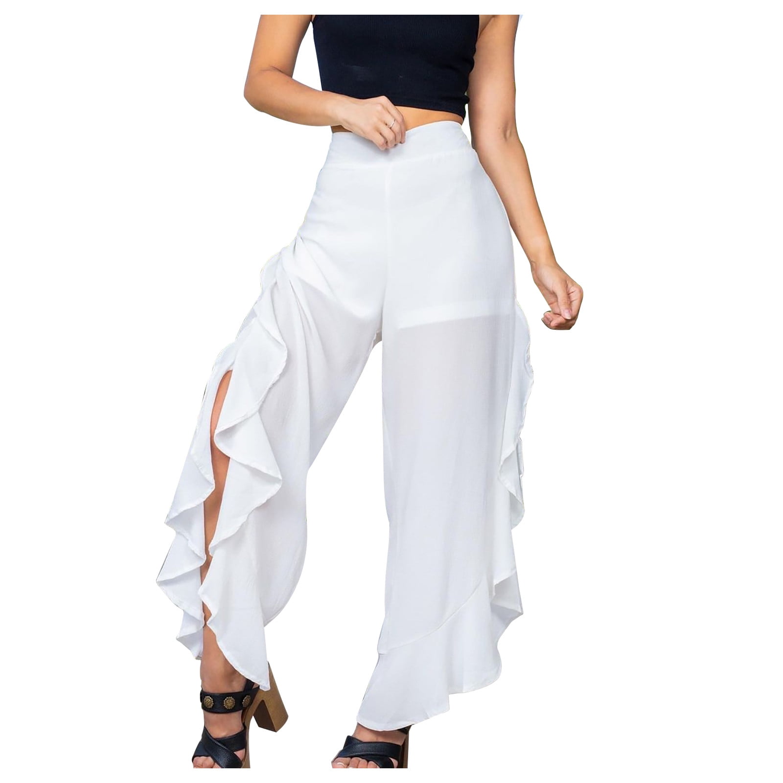 Reduce Price Hfyihgf Women s Layered Wide Leg Flowy Cropped Palazzo Pants High Waist Palazzo Ruffle Ireegular Hem Capri Pants White M